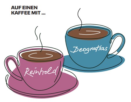 Zwei illustrierte Kaffeetassen stehen nebeneinander. Auf der rosafarbenen Tasse steht der Name Reinhold, auf der blauen Tasse steht Deogratias, die Namen der Gesprächspartner.